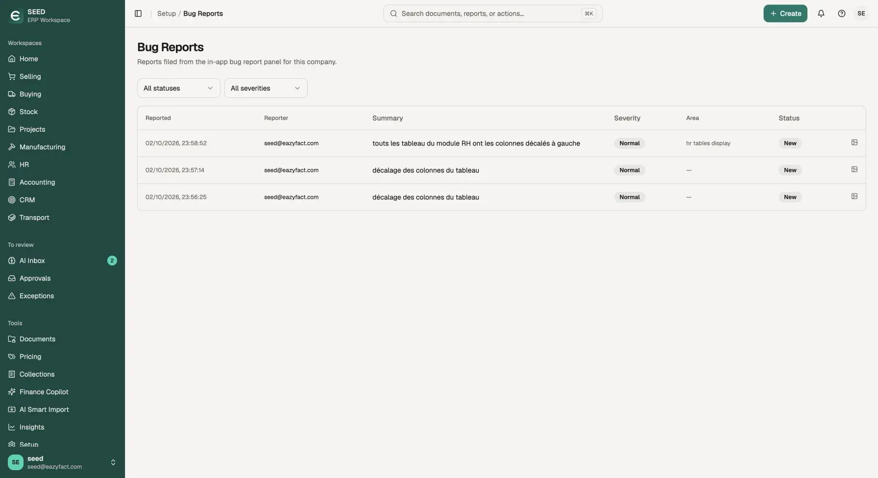 The Ezzo bug-report list showing three related reports submitted within minutes