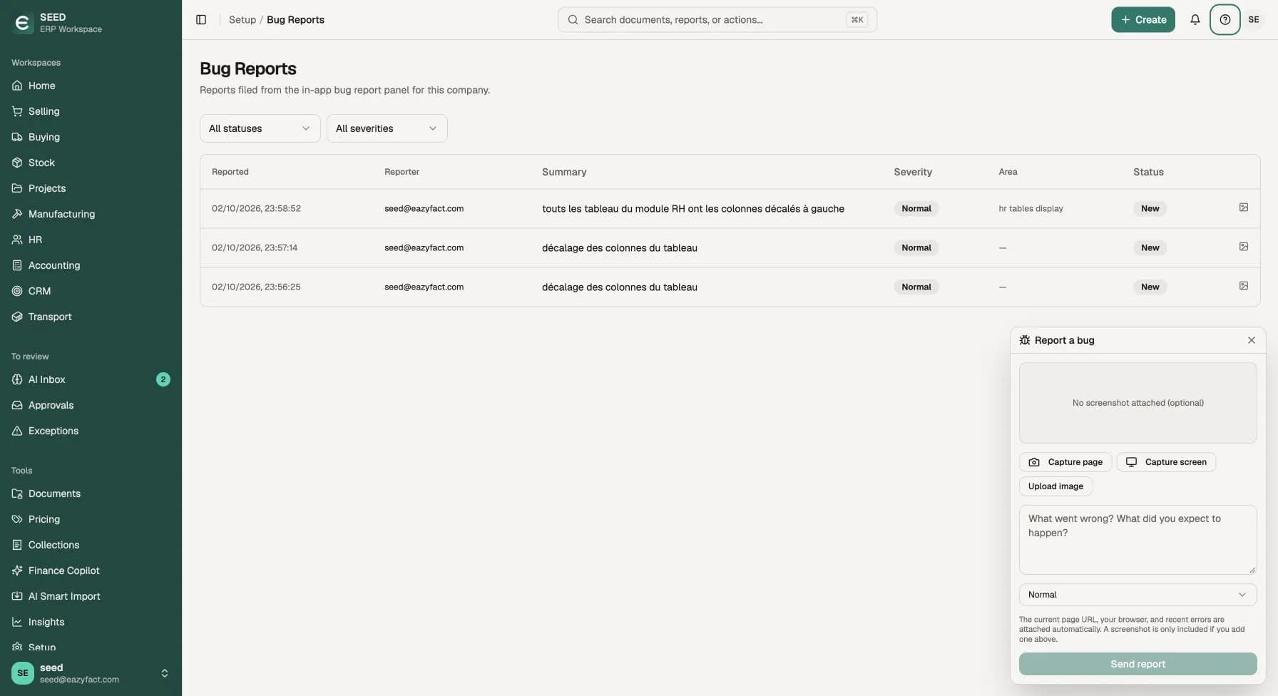 The Ezzo bug-report panel open inside the product